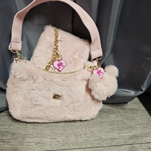 Pink Soft Fur Plush Shoulderbag Handbag With Fur Pom Pom Bag Charm - Picture 9 of 10